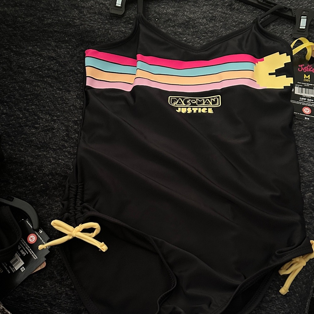 Justice Black Swimsuit with Colorful Stripes